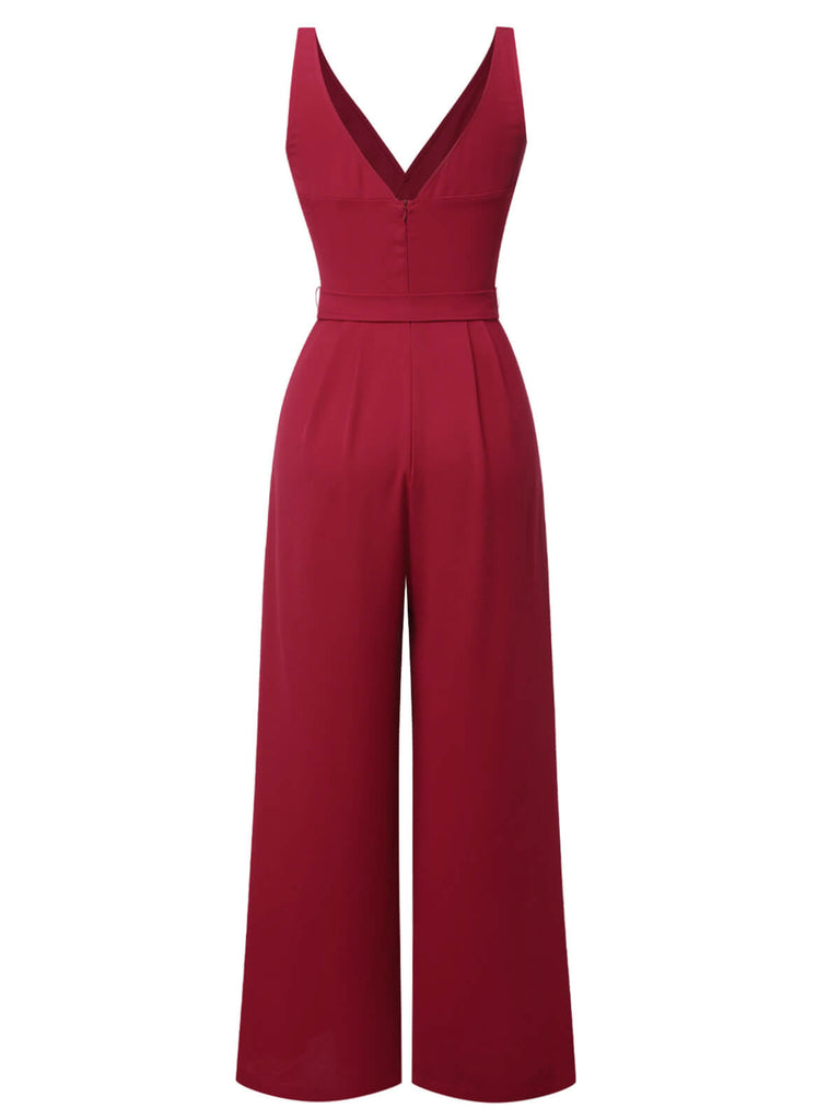 Red 1930s Solid Wasit Tie V-Neck Jumpsuit