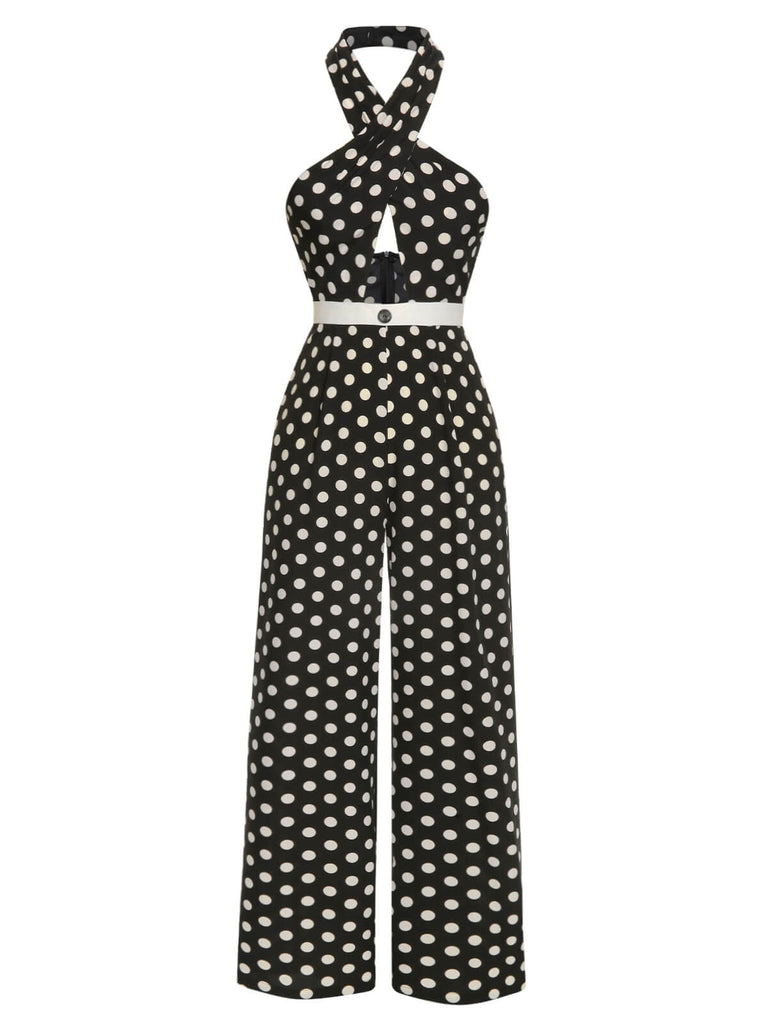 Black 1940s Polka Dots Cross Halter Jumpsuit