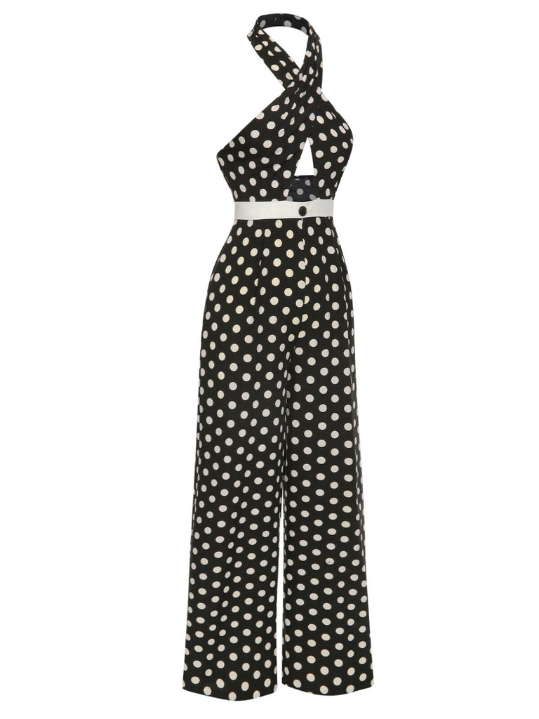 Black 1940s Polka Dots Cross Halter Jumpsuit
