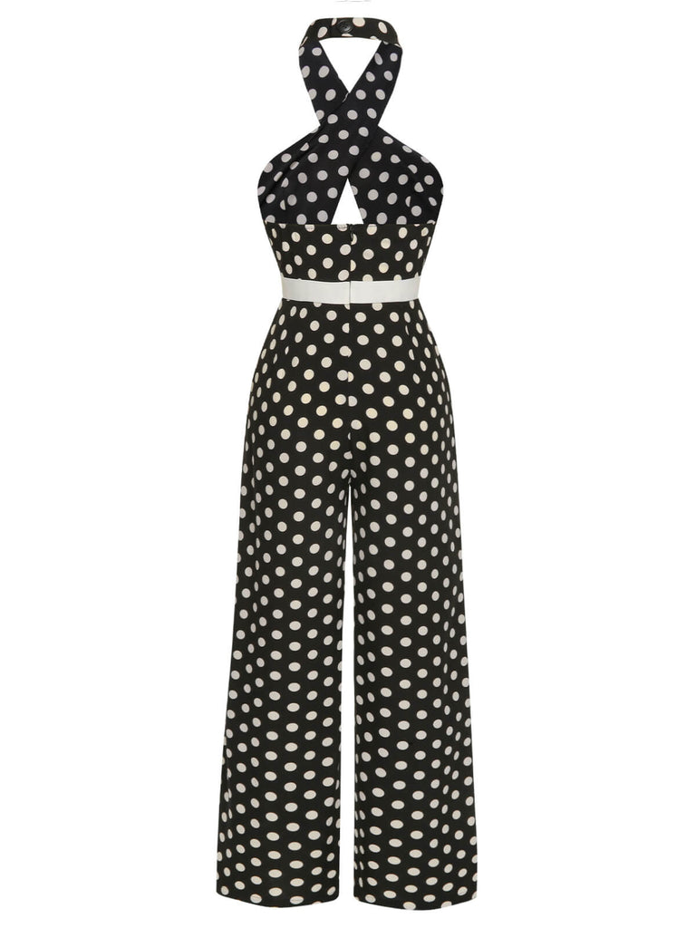 Black 1940s Polka Dots Cross Halter Jumpsuit
