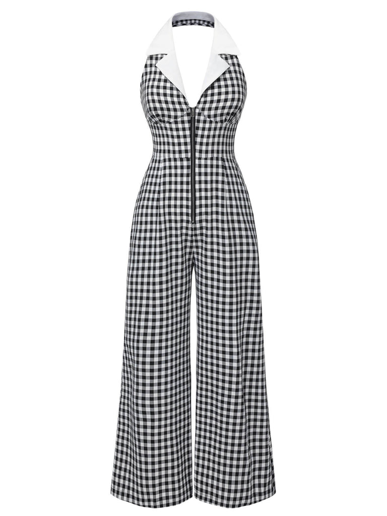 Black White 1940s Plaid Lapel Halter Jumpsuit