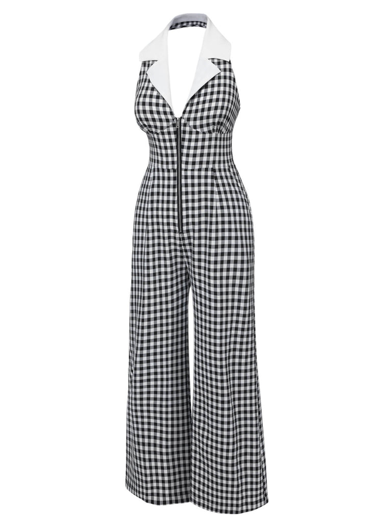 Black White 1940s Plaid Lapel Halter Jumpsuit