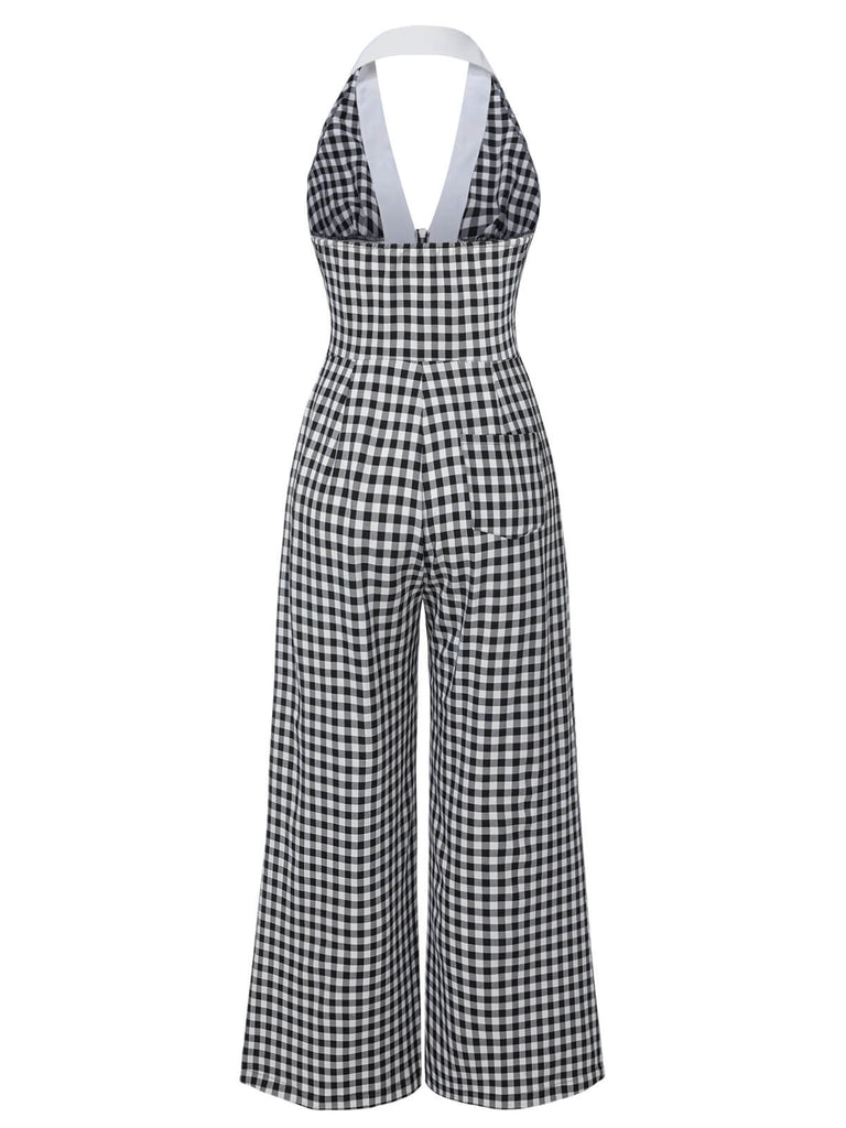 Black White 1940s Plaid Lapel Halter Jumpsuit