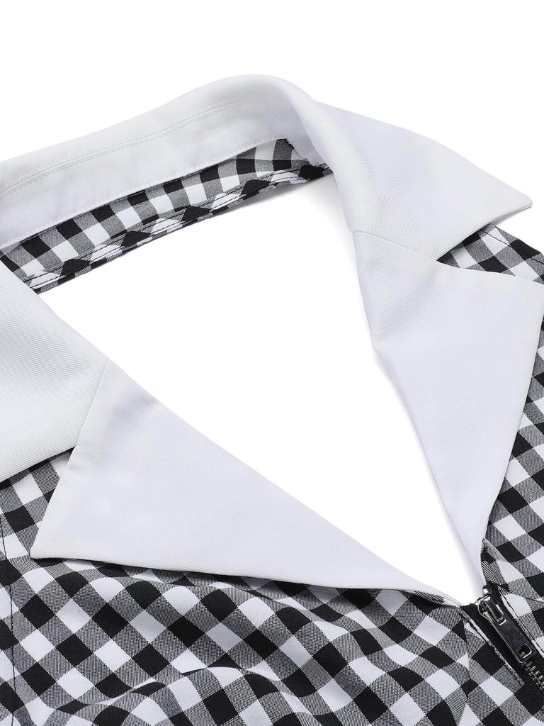 Black White 1940s Plaid Lapel Halter Jumpsuit