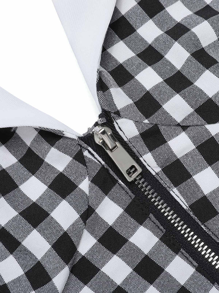 Black White 1940s Plaid Lapel Halter Jumpsuit