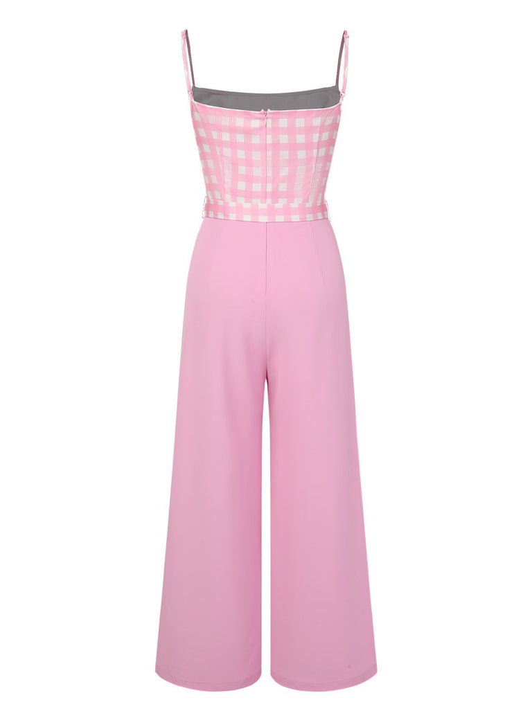 Pink 1950s Gingham Plaid Suspender Jumpsuit