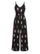 Black 1930s Feather Print Spaghetti Strap Jumpsuit