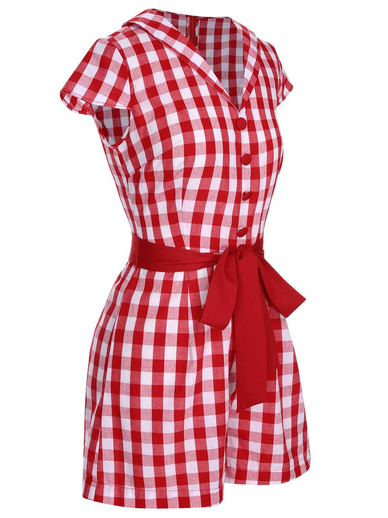 Red 1940s Lapel Plaids Belted Romper