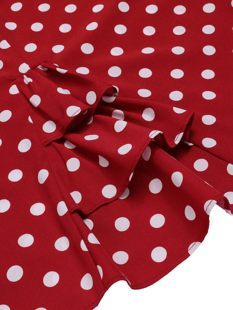 Red 1960s Polka Dots Tie Neck Dress