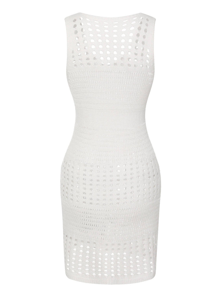 1960s Solid Hollow Out Sleeveless Knit Dress
