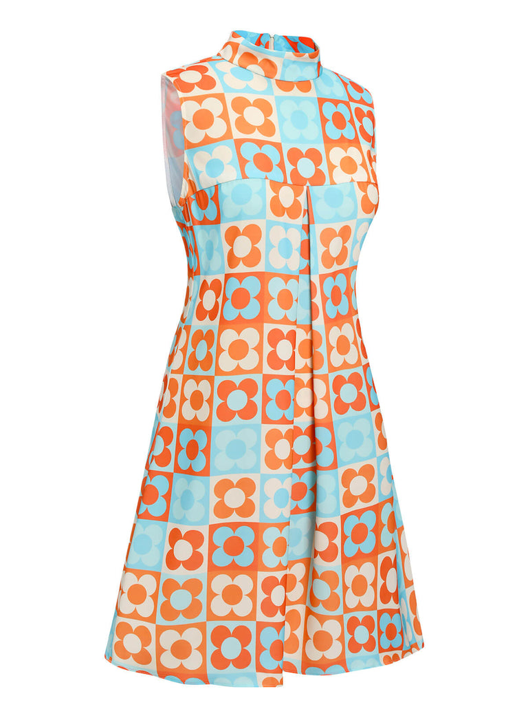 Orange & Blue 1960s Floral Stand Collar Dress