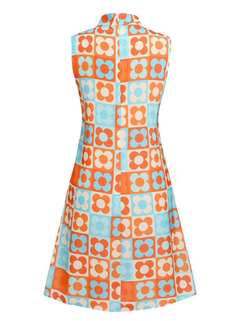 Orange & Blue 1960s Floral Stand Collar Dress