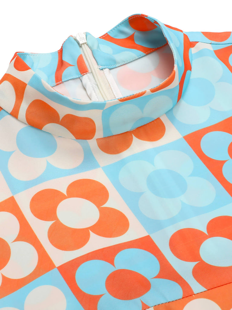 Orange & Blue 1960s Floral Stand Collar Dress