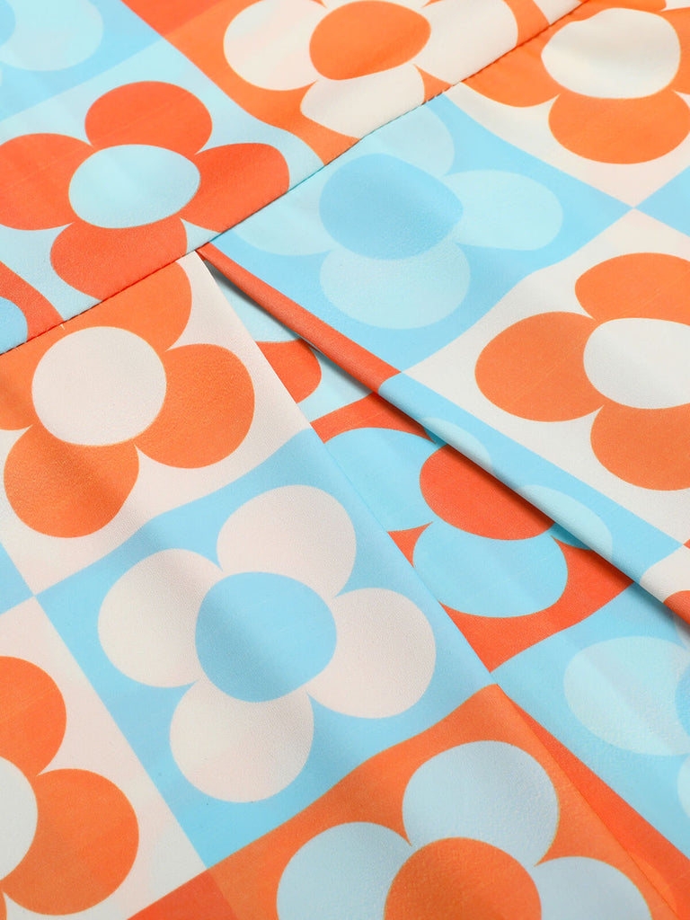 Orange & Blue 1960s Floral Stand Collar Dress