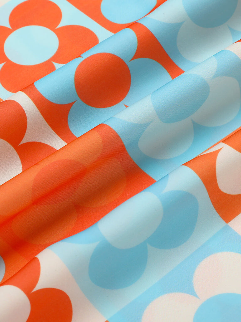 Orange & Blue 1960s Floral Stand Collar Dress