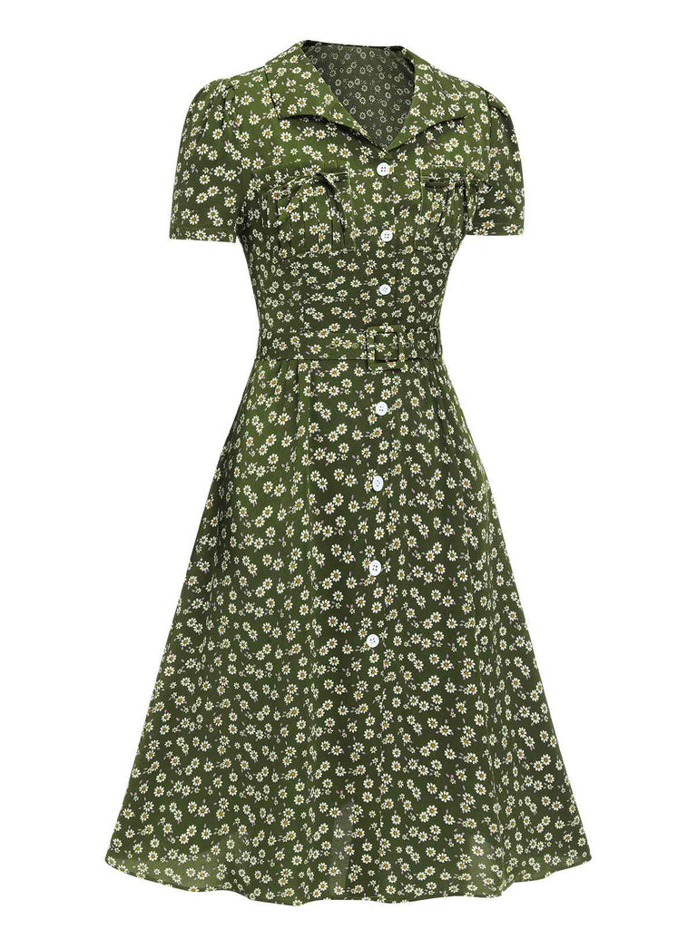 Green 1940s Lapel Buttons Ditsy Floral Dress