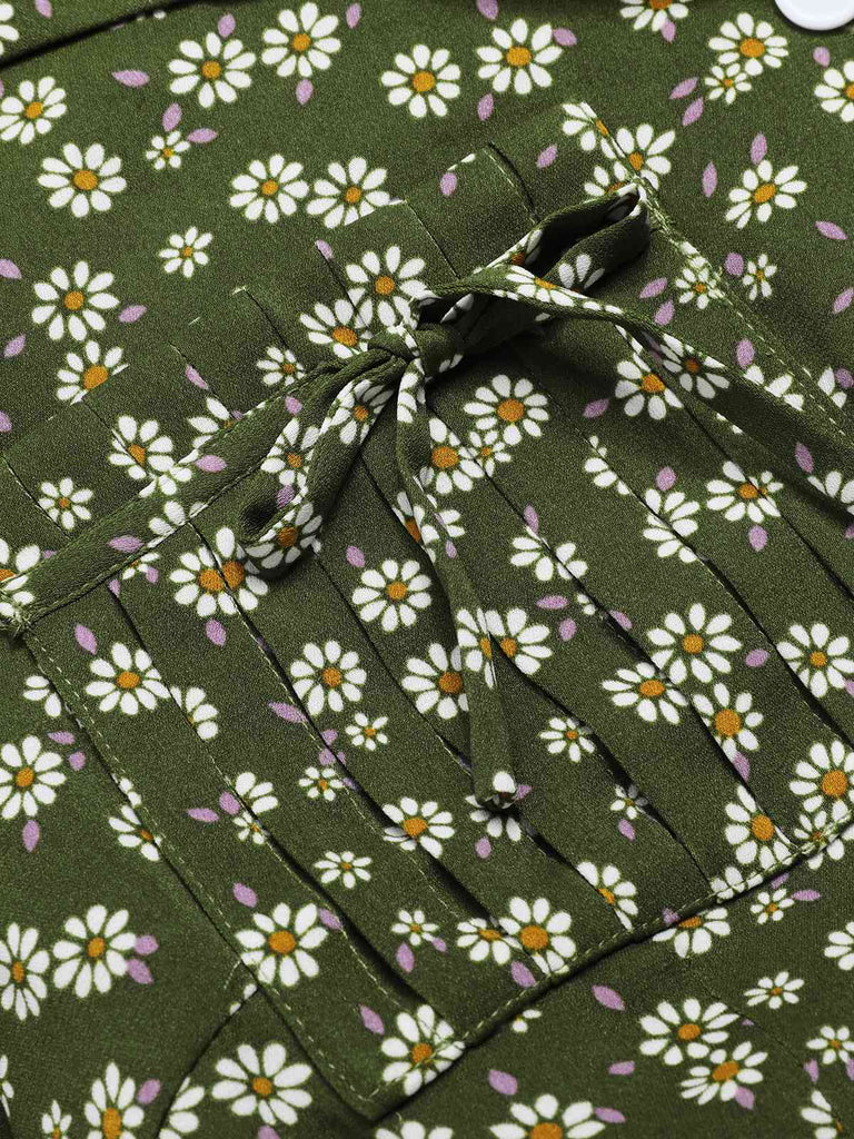 Green 1940s Lapel Buttons Ditsy Floral Dress
