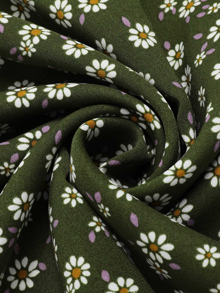 Green 1940s Lapel Buttons Ditsy Floral Dress