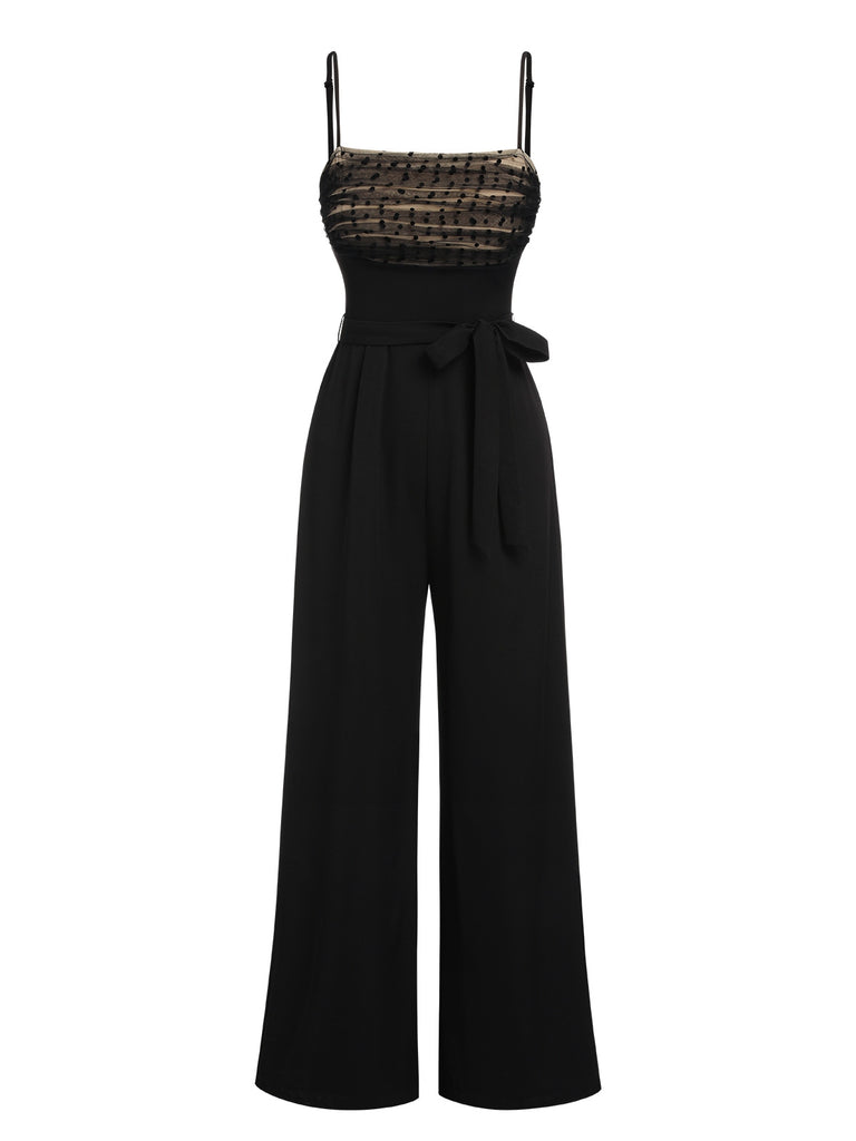 Black 1930s Polka Dots Mesh Spaghetti Straps Jumpsuit