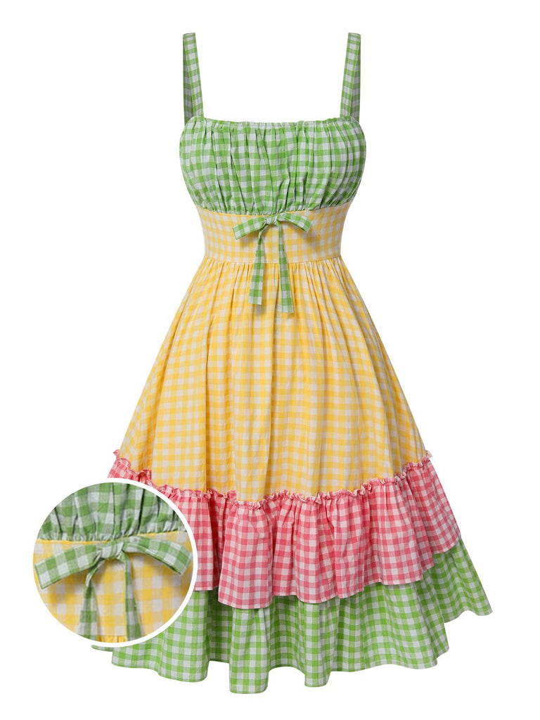Multicolor 1950s Pure Cotton Straps Plaid Dress