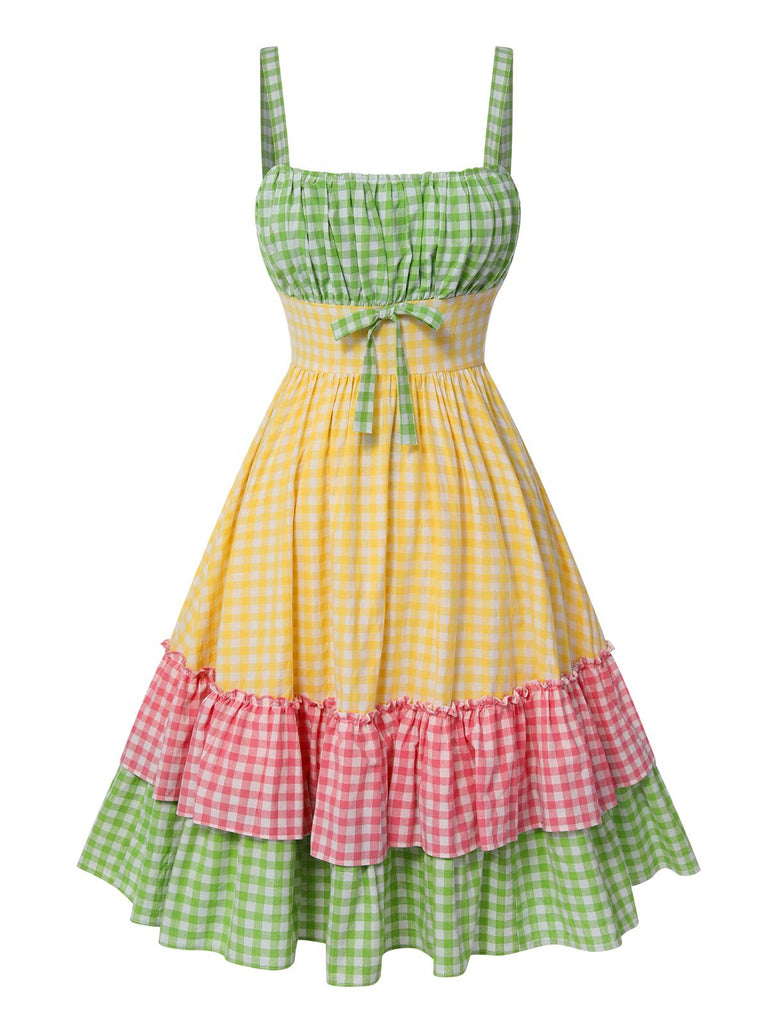 Multicolor 1950s Pure Cotton Straps Plaid Dress