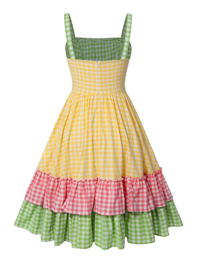Multicolor 1950s Pure Cotton Straps Plaid Dress