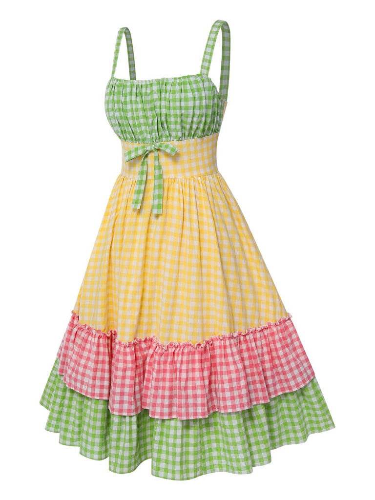 Multicolor 1950s Pure Cotton Straps Plaid Dress