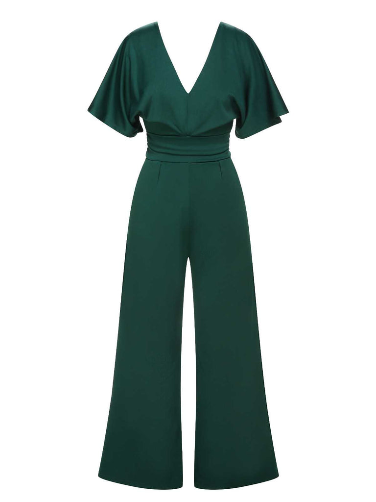 Green 1960s V-Neck High Waist Wide-Leg Jumpsuit