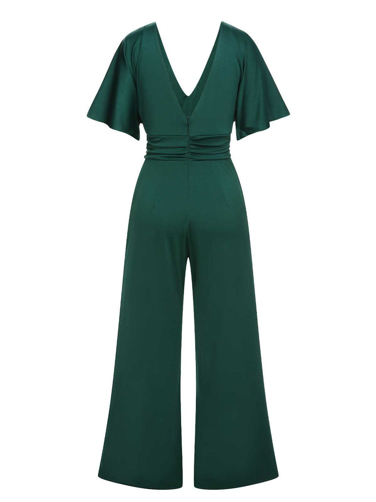 Green 1960s V-Neck High Waist Wide-Leg Jumpsuit