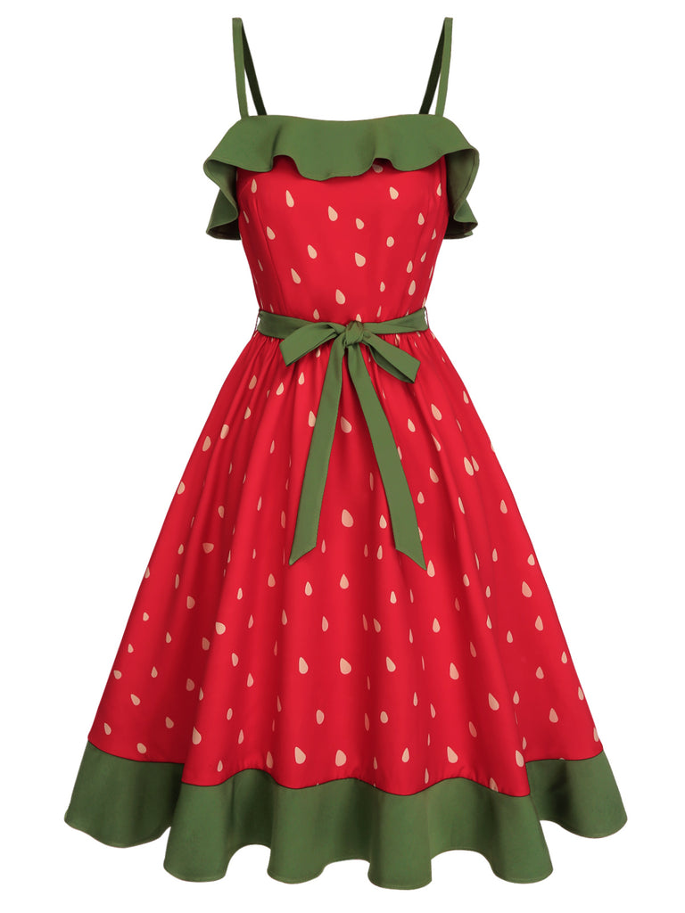 Red 1950s Strawberry Ruffle Belt Dress