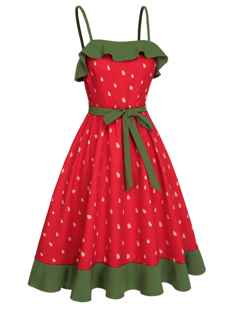Red 1950s Strawberry Ruffle Belt Dress