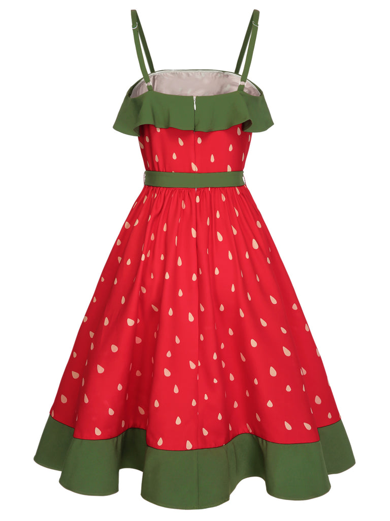 Red 1950s Strawberry Ruffle Belt Dress