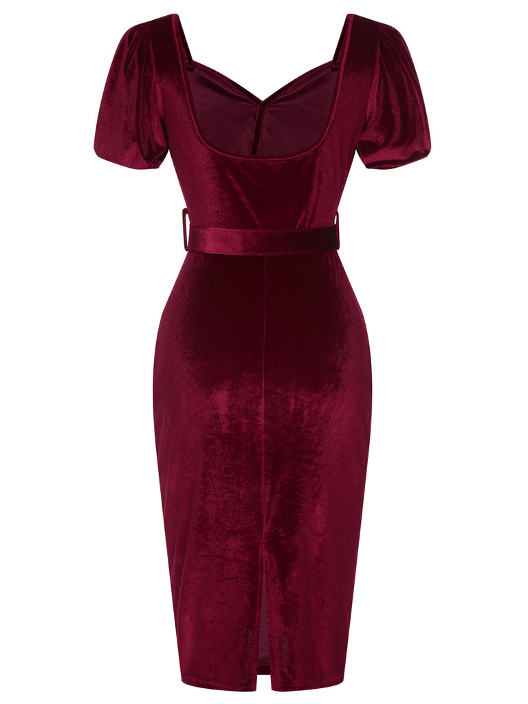 Wine Red 1960s Solid Belt Lantern Dress
