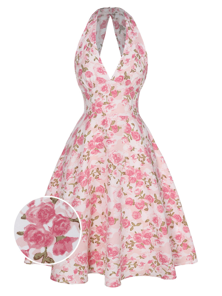Pink 1950s Floral V-Neck Dress