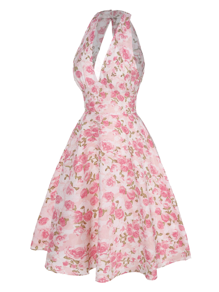 Pink 1950s Floral V-Neck Dress
