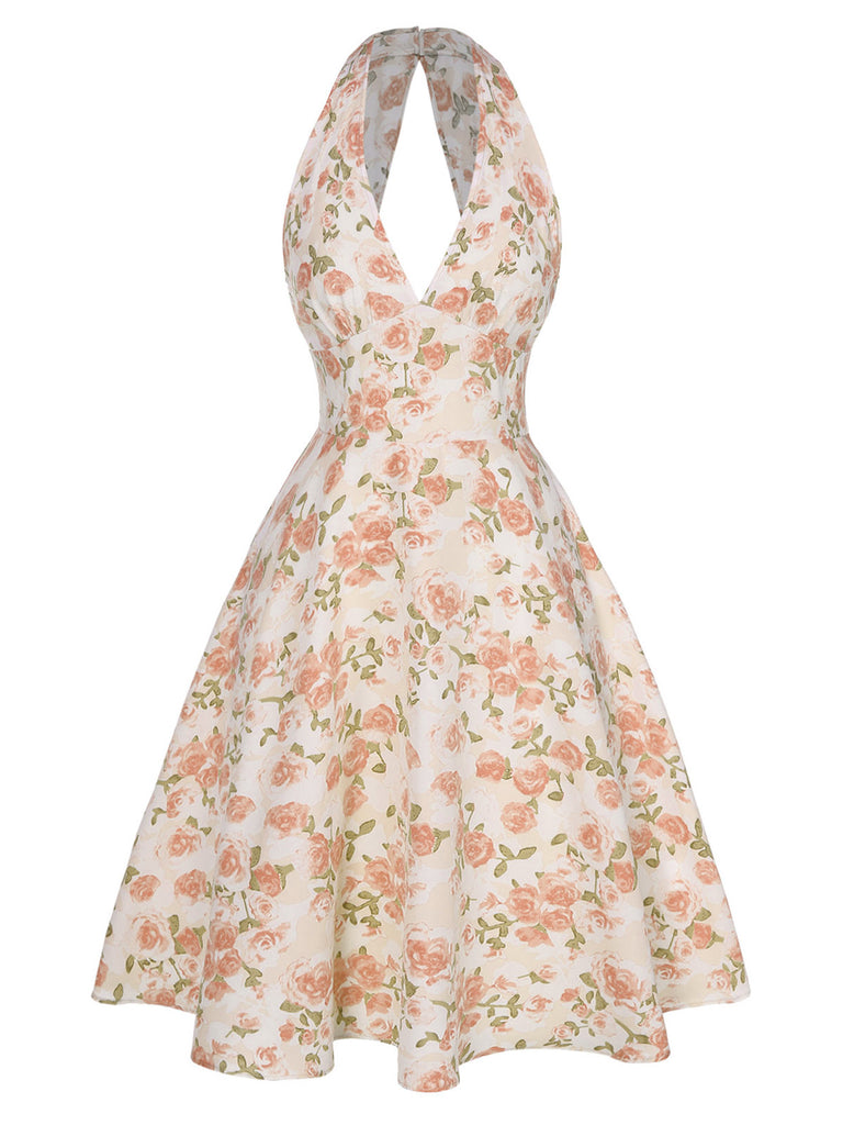 Orange 1950s Floral V-Neck Dress