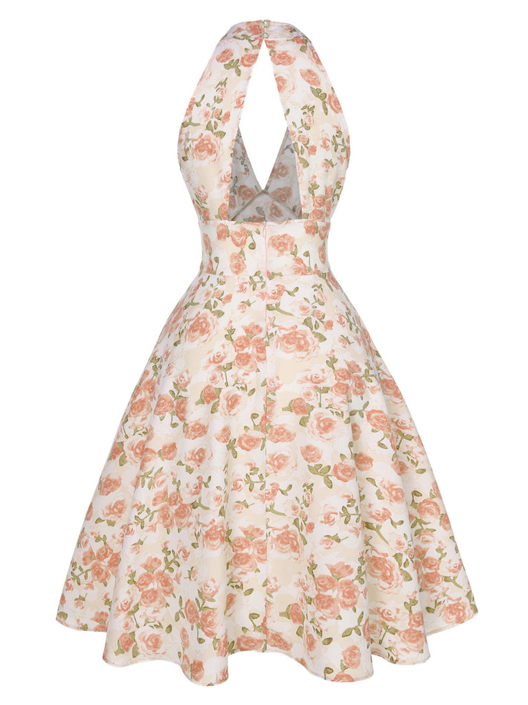 Orange 1950s Floral V-Neck Dress