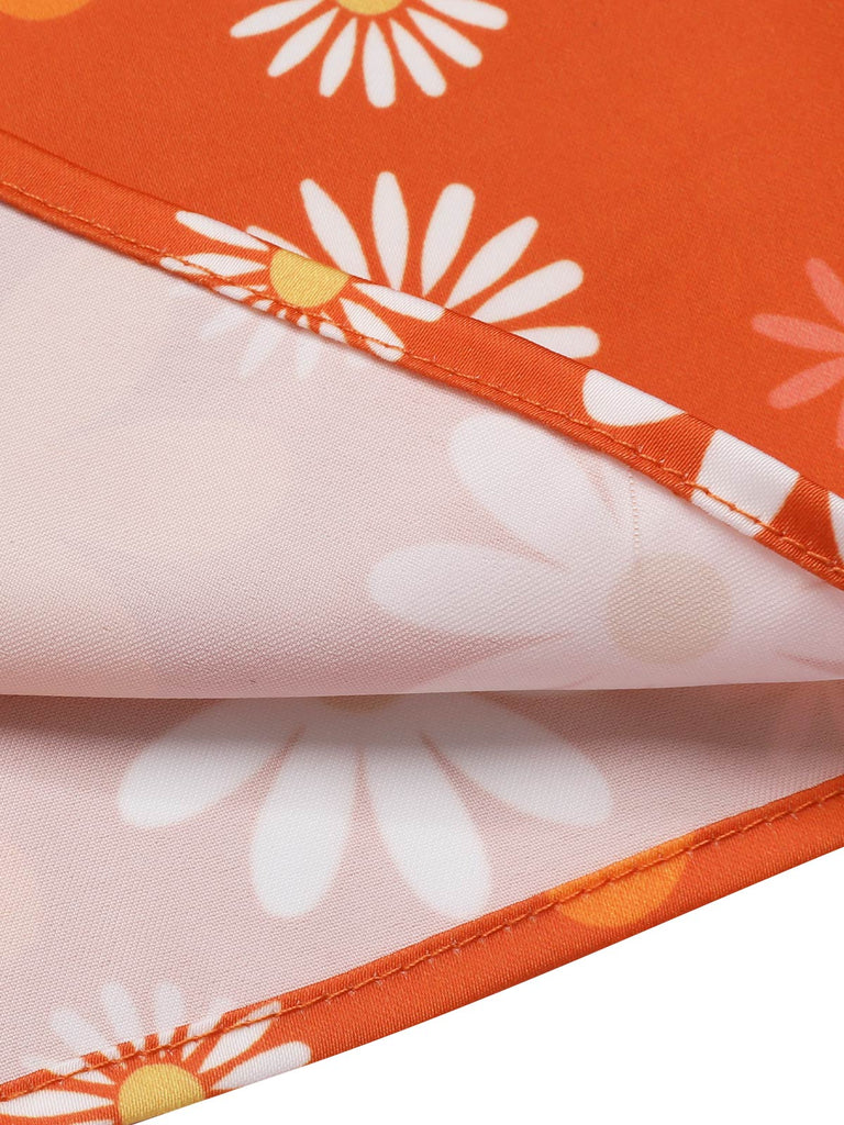 Orange 1960s Tie Neck Floral Sleeveless Dress