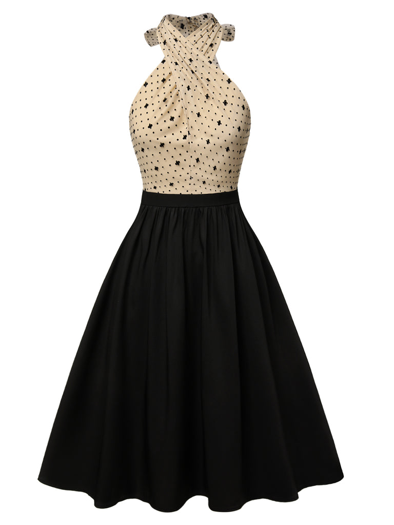 Beige&Black 1950s Cross Collar Mesh Dress