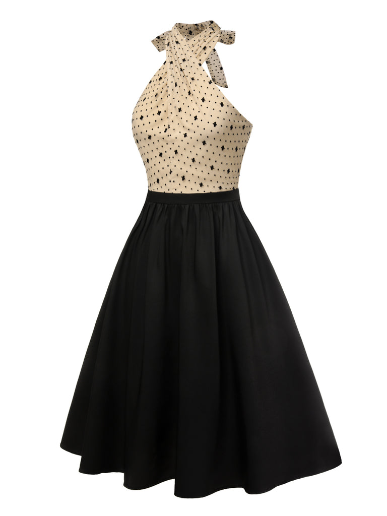 Beige&Black 1950s Cross Collar Mesh Dress
