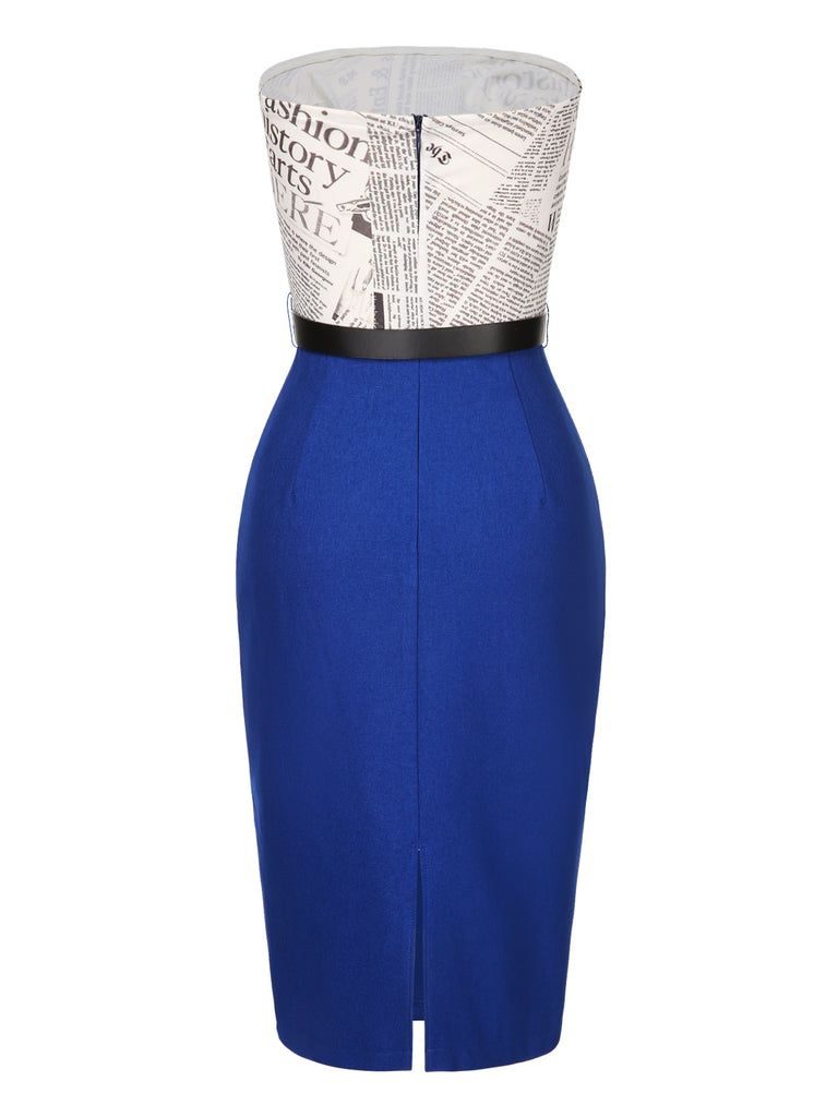 Dark Blue 1960s Bandeau Newspaper Belted Pencil Dress