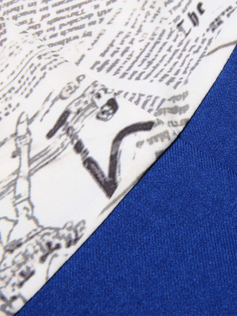 Dark Blue 1960s Bandeau Newspaper Belted Pencil Dress