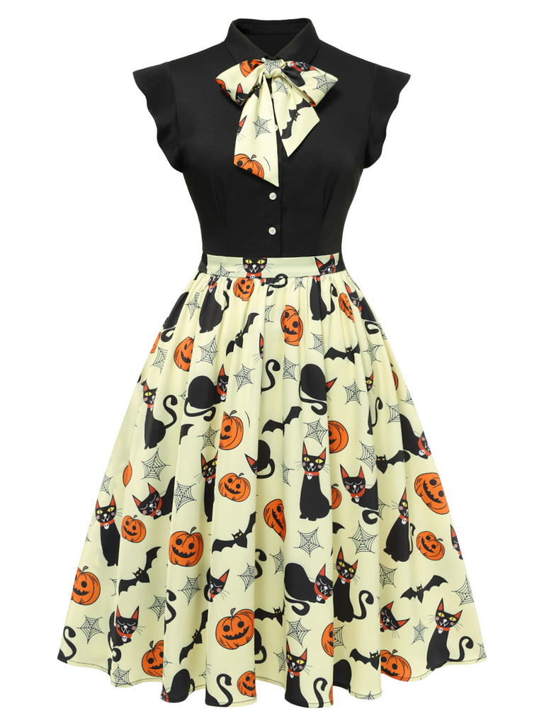 Yellow 1950s Halloween Bow Lapel Dress