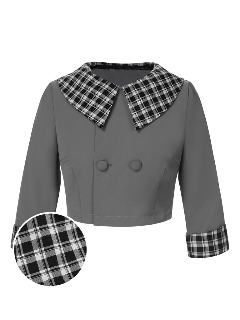 Dark Gray 1950s Lapel Rolled Sleeve Plaid Short Coat