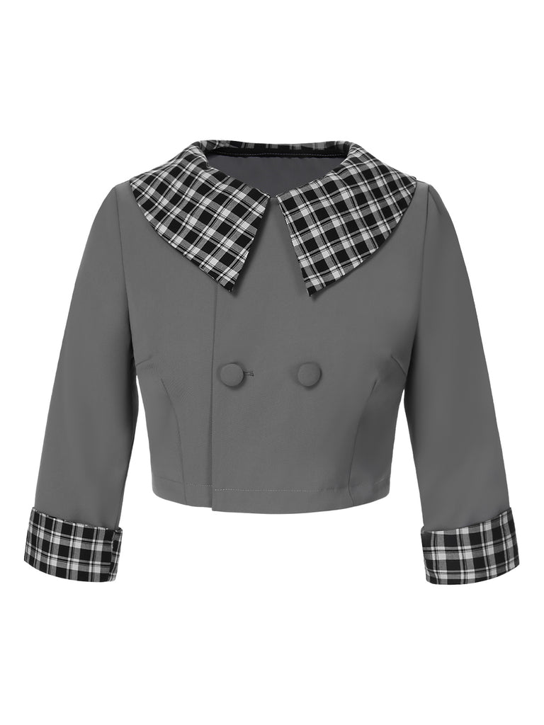 Dark Gray 1950s Lapel Rolled Sleeve Plaid Short Coat