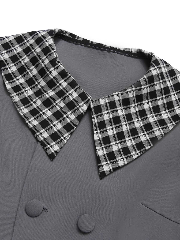 Dark Gray 1950s Lapel Rolled Sleeve Plaid Short Coat