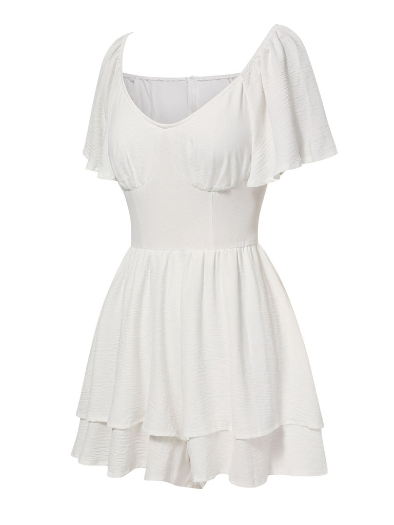 White 1950s Puff Sleeve Layered Hem Romper