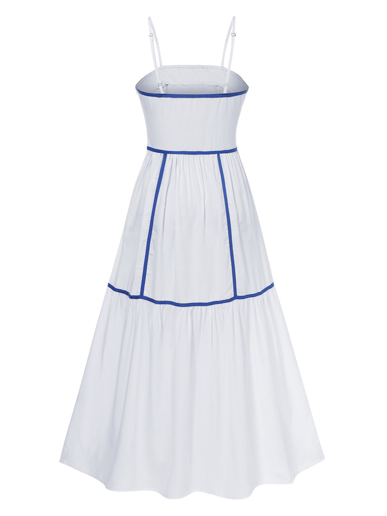 White 1930s Spaghetti Straps Blue Lines Dress
