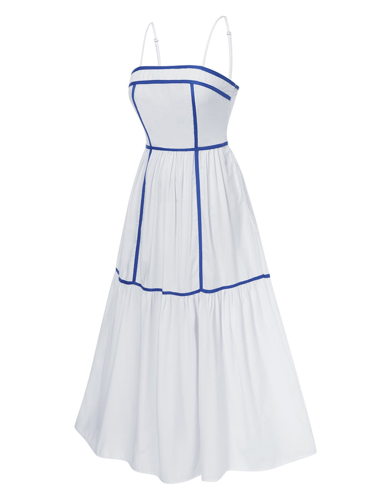 White 1930s Spaghetti Straps Blue Lines Dress