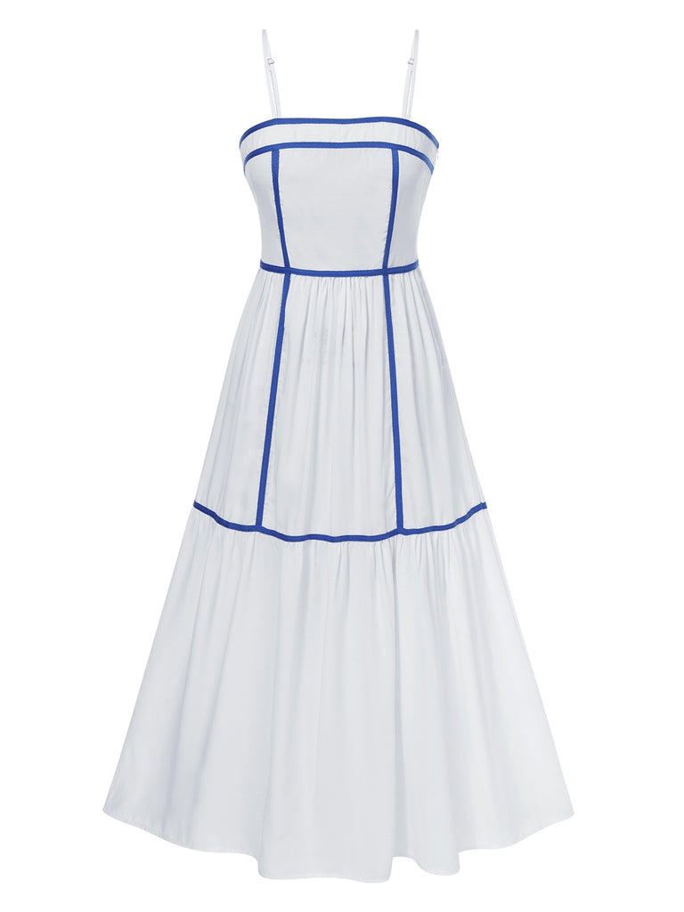 White 1930s Spaghetti Straps Blue Lines Dress